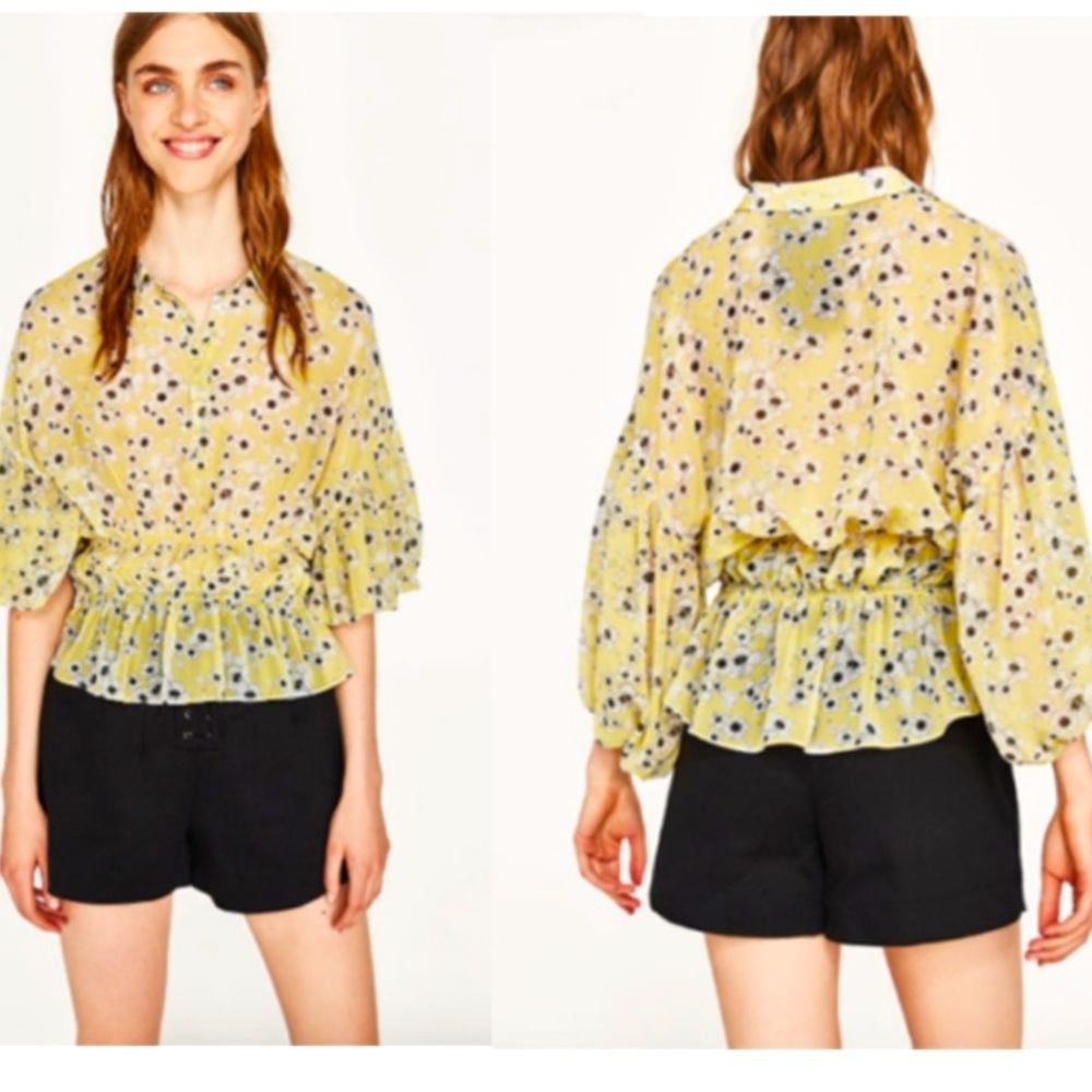 ZARA Chiffon Flowy Yellow Floral Boho Blouse Top with Balloon Sleeves Size M